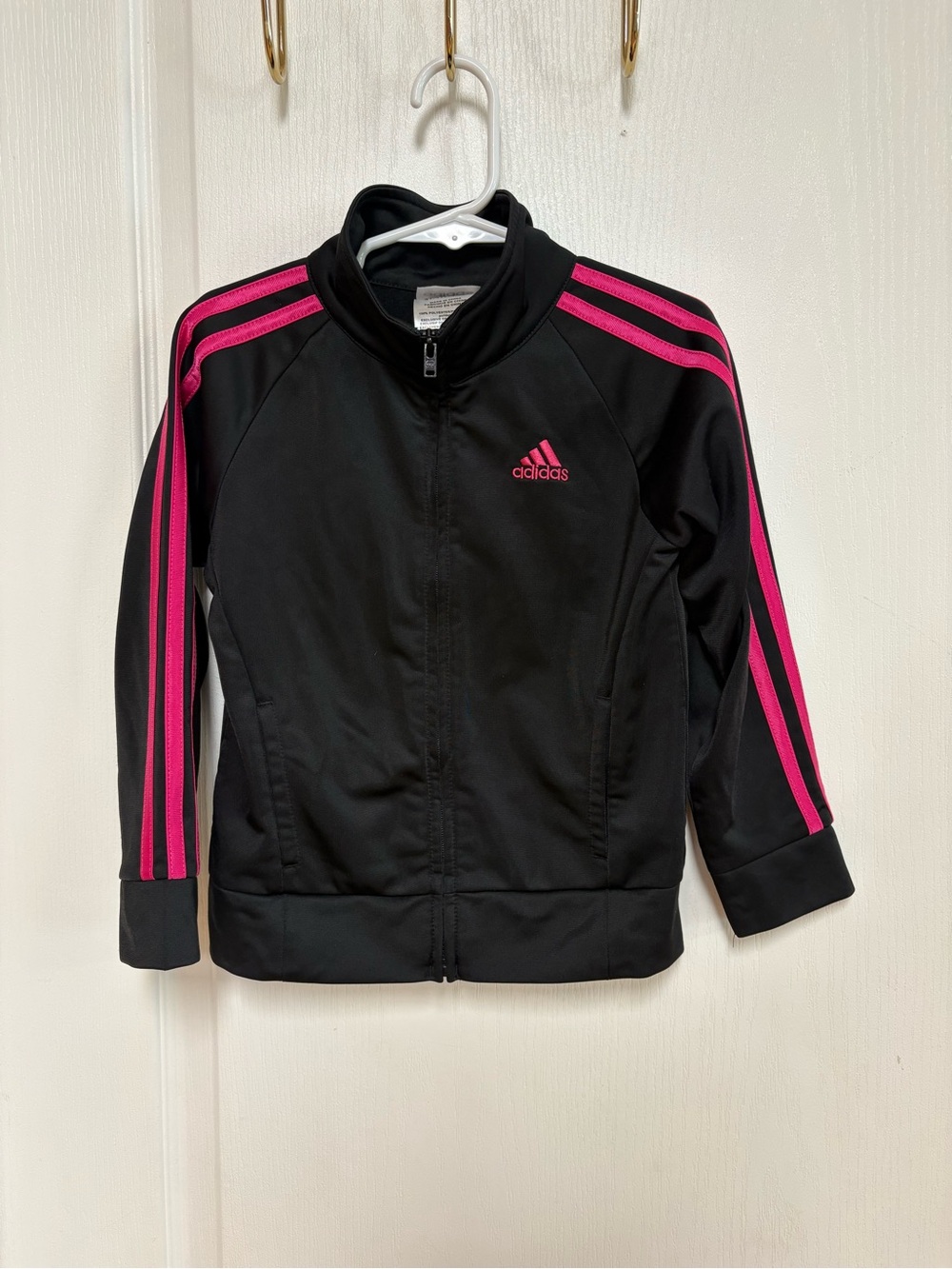 Girl’s full zip adidas Black Jacket with Hot Pink Stripes 4t